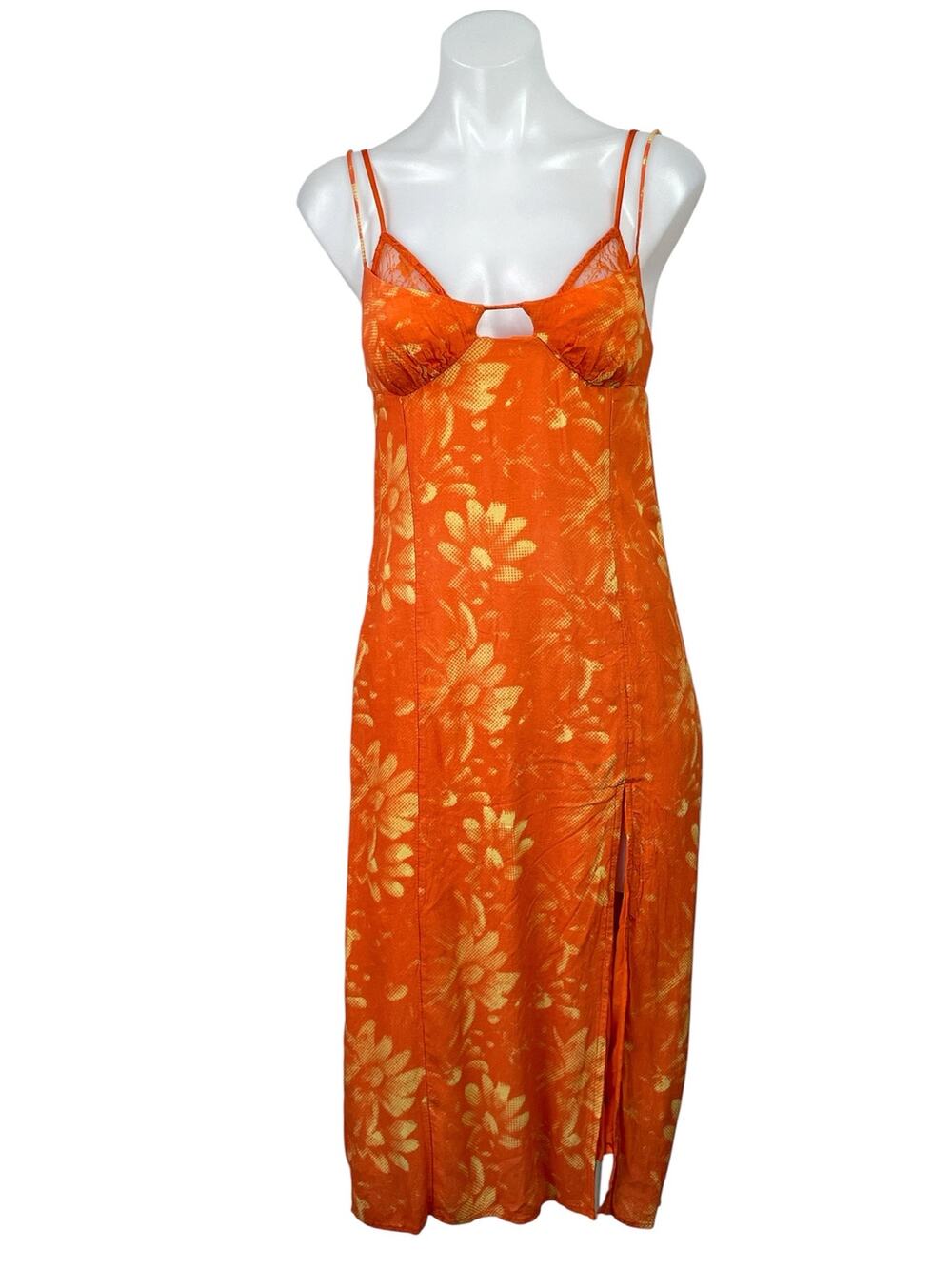Urban Outfitters Dara Orange Lace Trim Floral Cami Slit Tank Midi Dress Size SP
